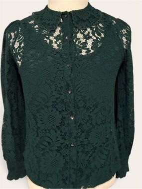 Cable & Gauge Dark Green Floral Lace Button-Up Blouse